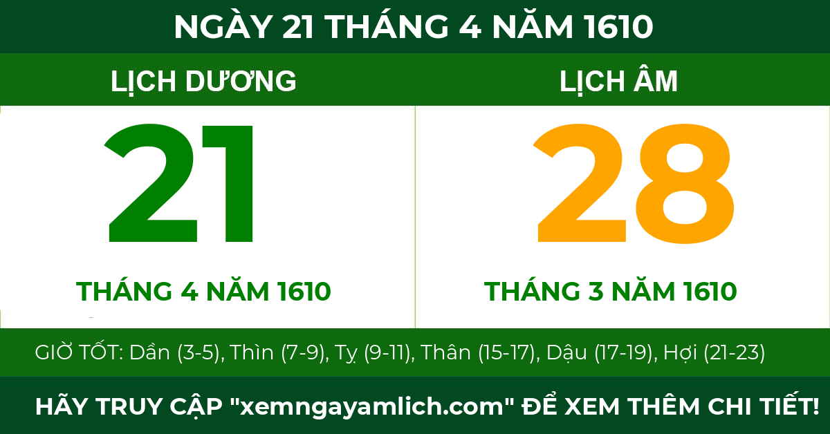 lịch âm ngày 21 tháng 4 năm 1610