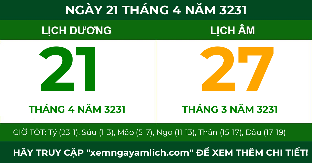 lịch âm ngày 21 tháng 4 năm 3231