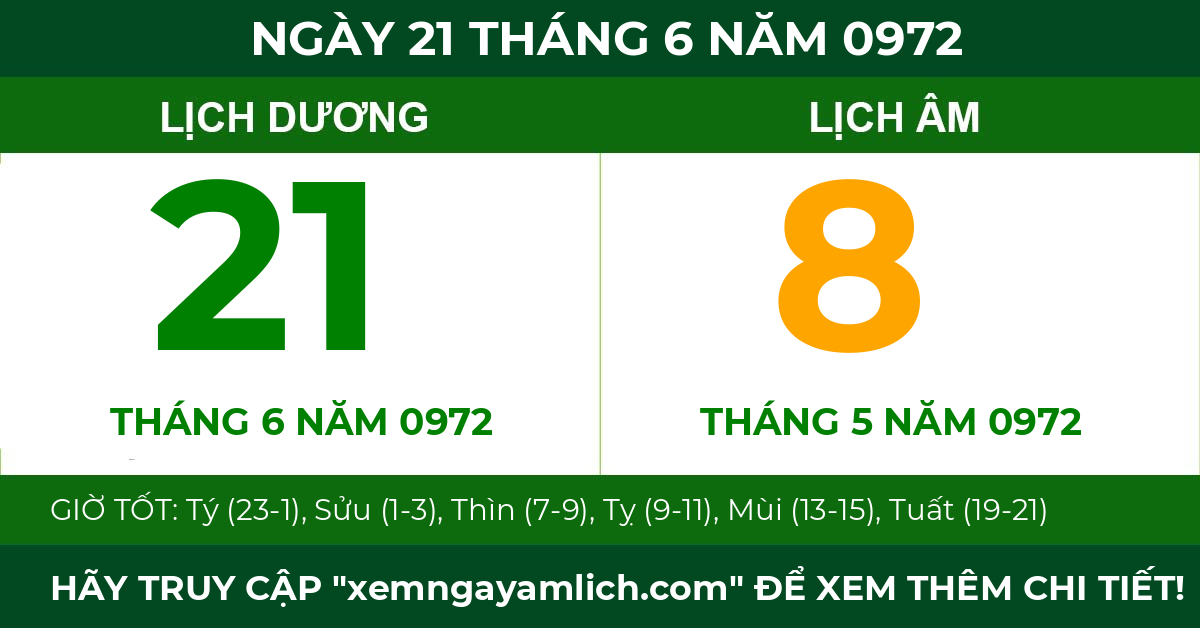 lịch âm ngày 21 tháng 6 năm 0972