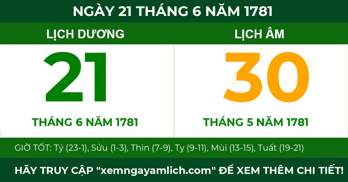 lịch âm ngày 21 tháng 6 năm 1781
