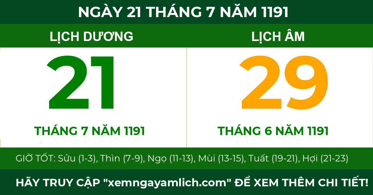 lịch âm ngày 21 tháng 7 năm 1191