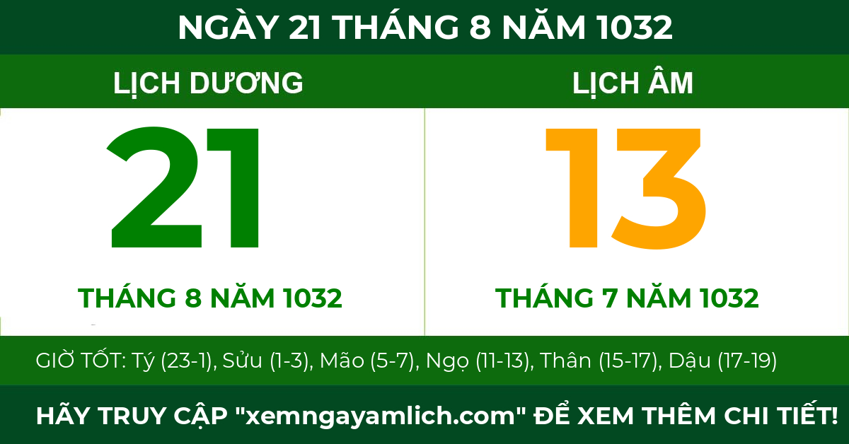 lịch âm ngày 21 tháng 8 năm 1032