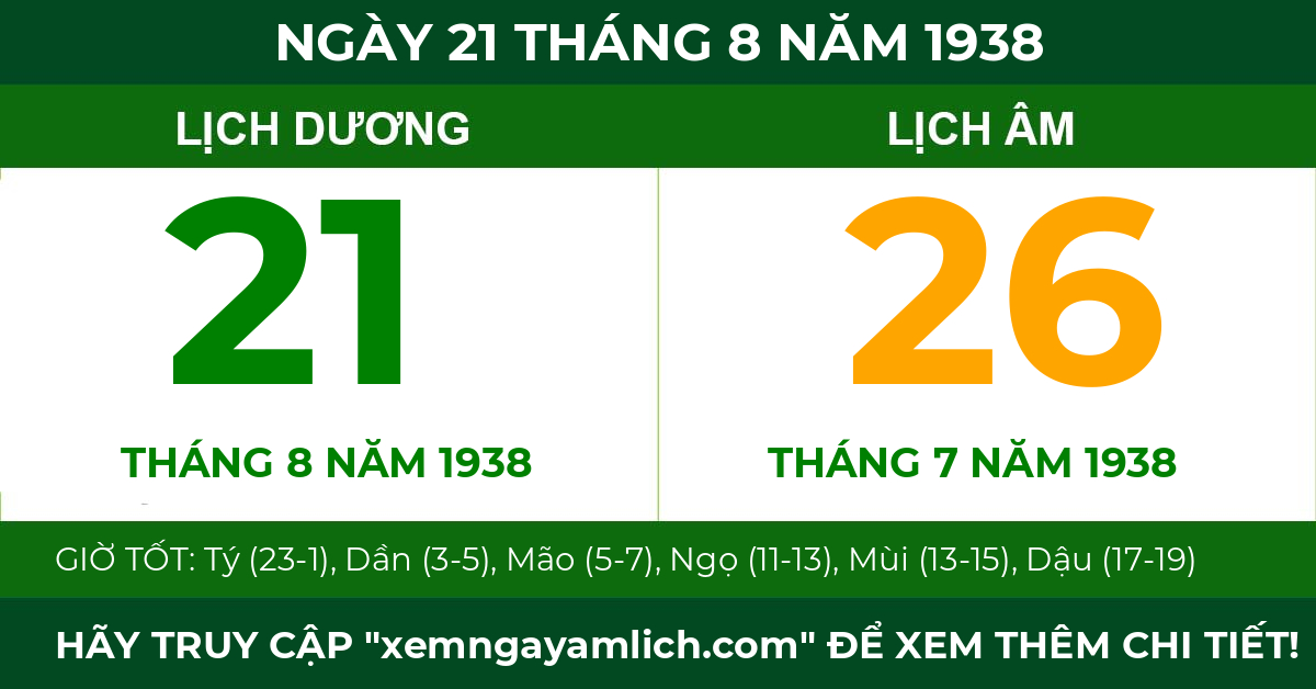 lịch âm ngày 21 tháng 8 năm 1938