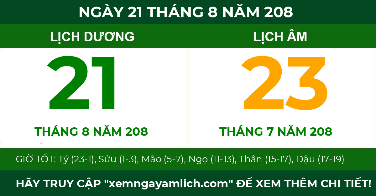 lịch âm ngày 21 tháng 8 năm 208