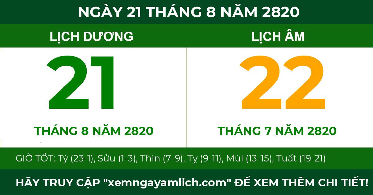 lịch âm ngày 21 tháng 8 năm 2820