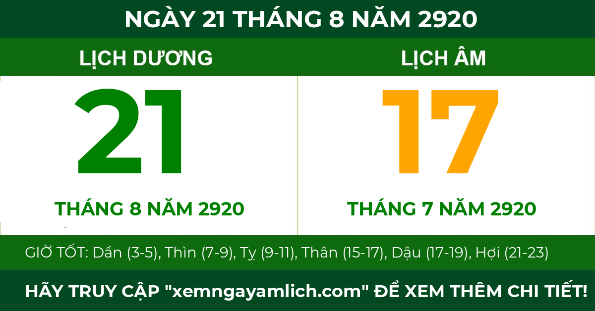 lịch âm ngày 21 tháng 8 năm 2920