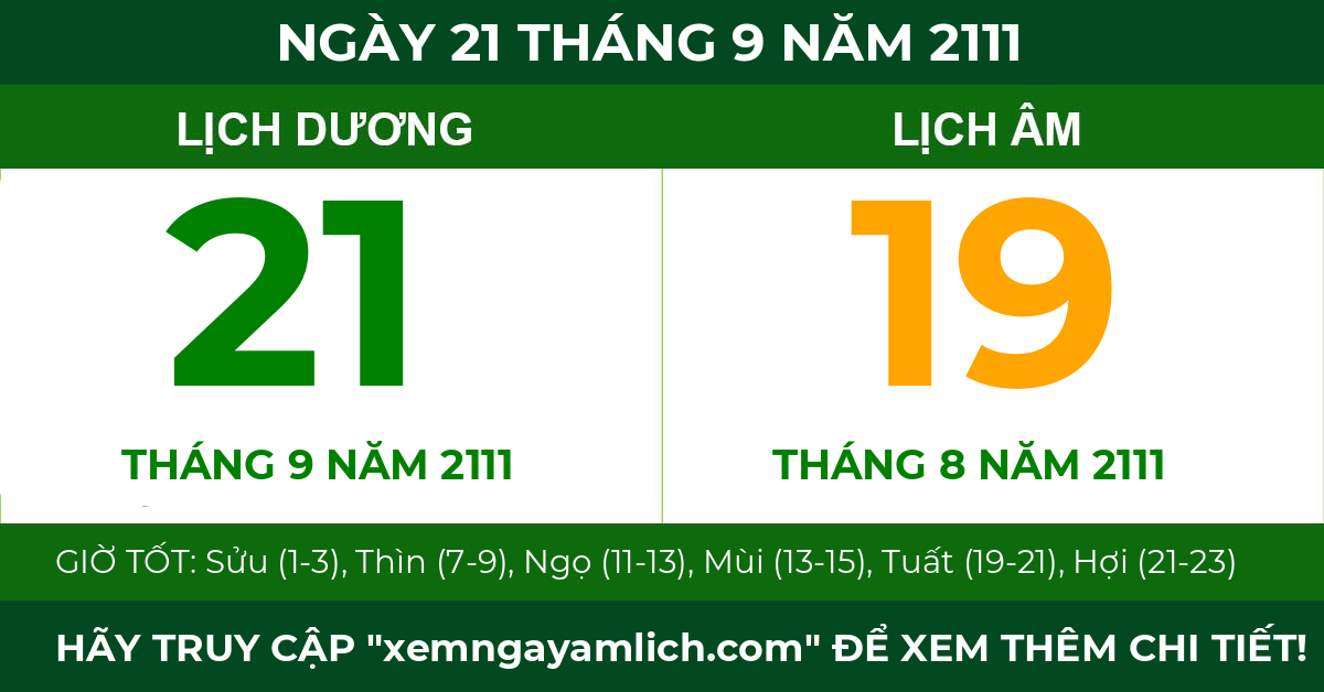lịch âm ngày 21 tháng 9 năm 2111