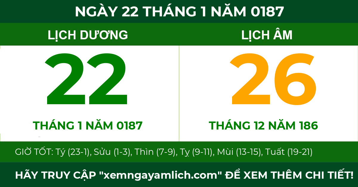 lịch âm ngày 22 tháng 1 năm 0187