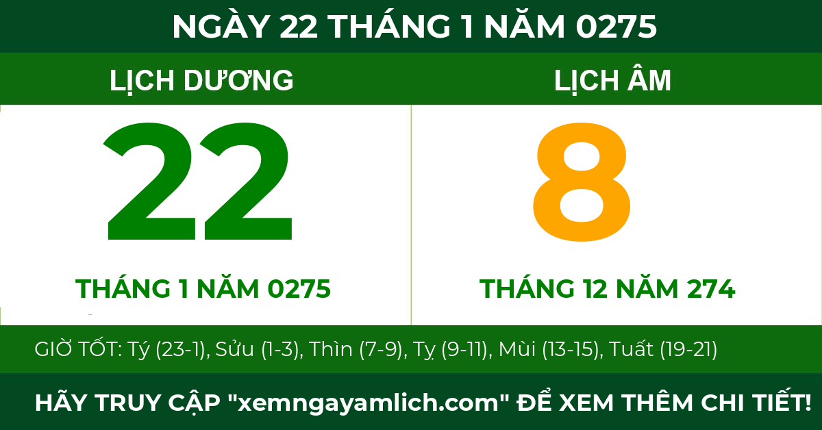 lịch âm ngày 22 tháng 1 năm 0275