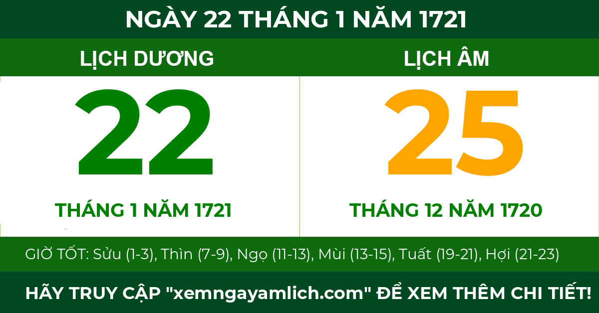 lịch âm ngày 22 tháng 1 năm 1721