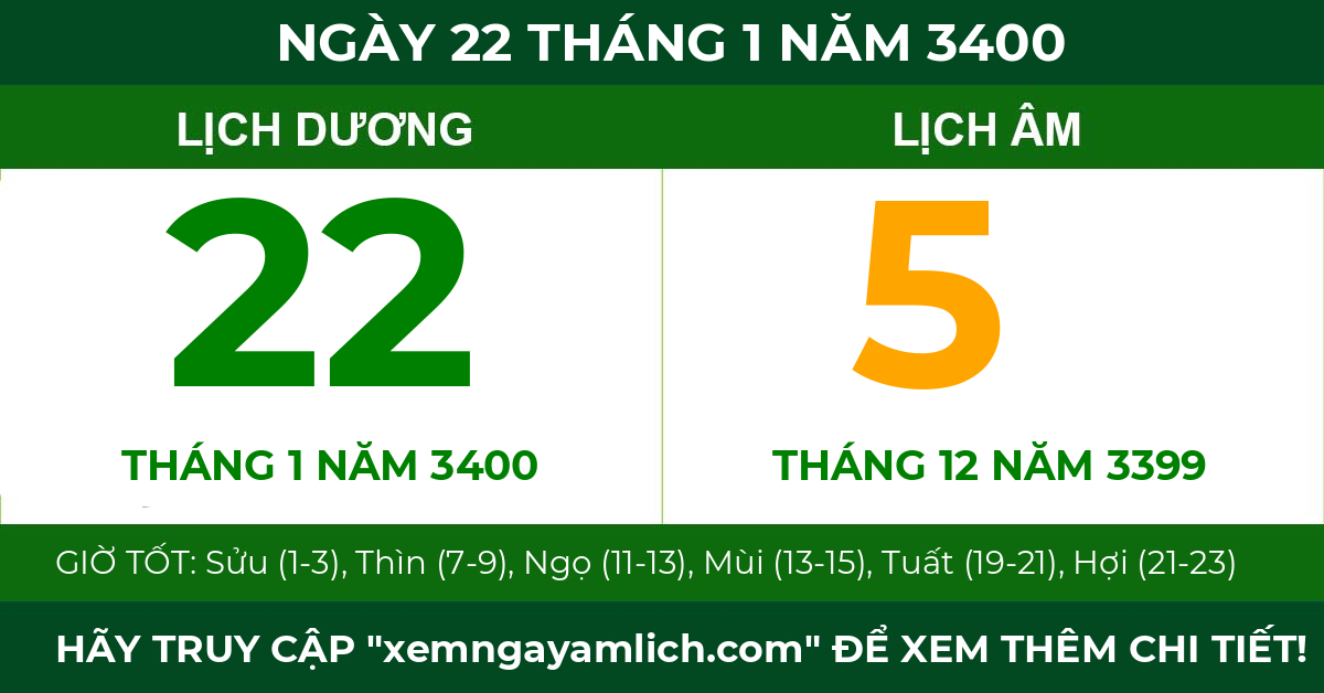 lịch âm ngày 22 tháng 1 năm 3400
