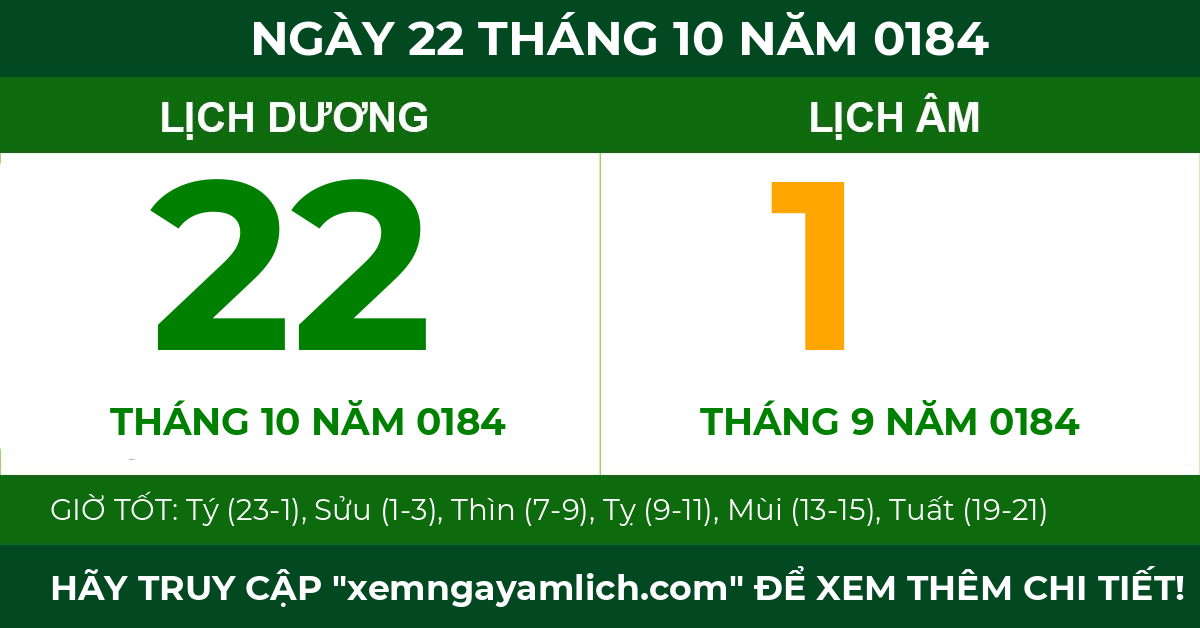 lịch âm ngày 22 tháng 10 năm 0184