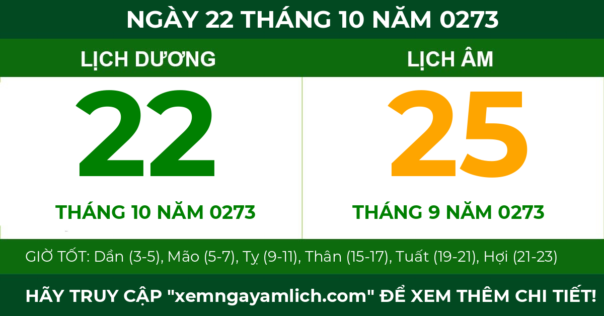 lịch âm ngày 22 tháng 10 năm 0273