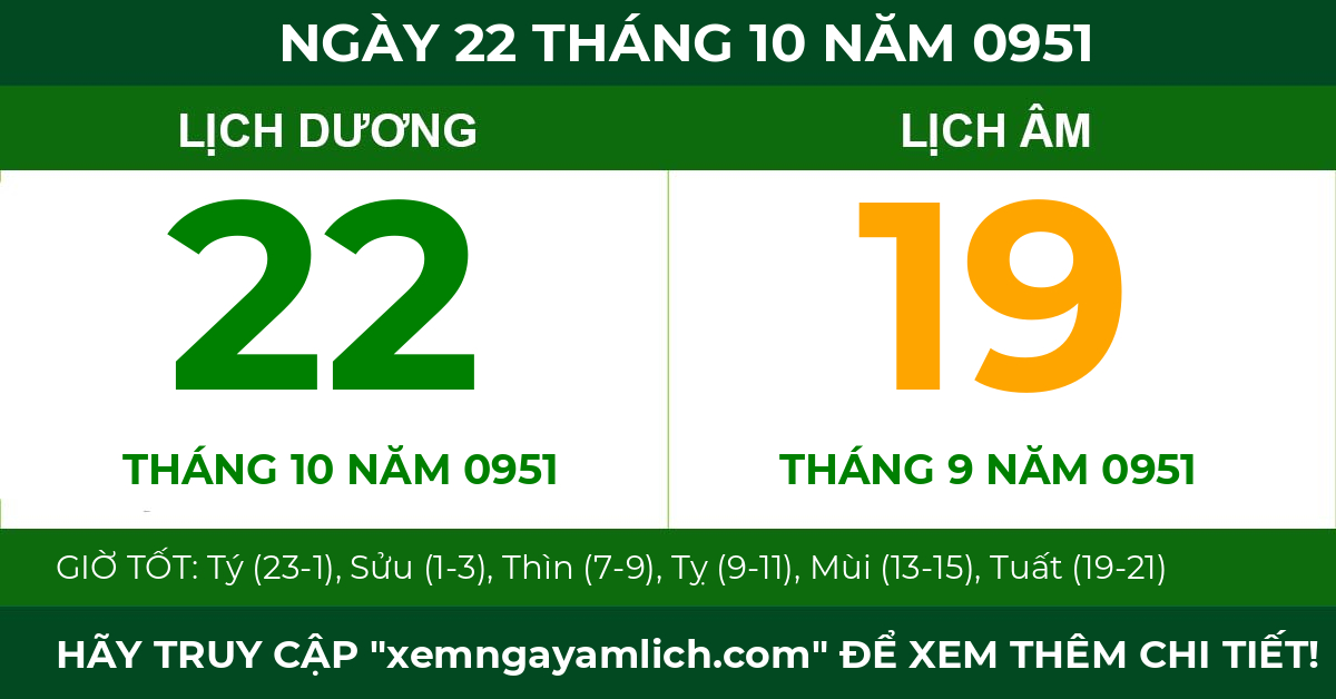 lịch âm ngày 22 tháng 10 năm 0951