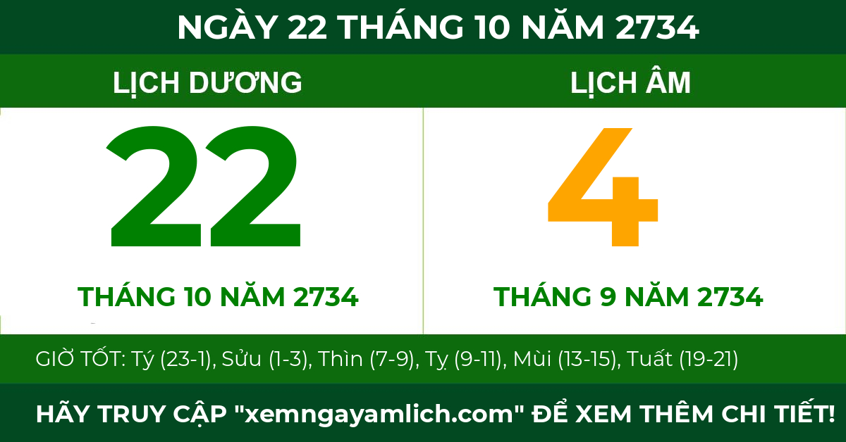 lịch âm ngày 22 tháng 10 năm 2734