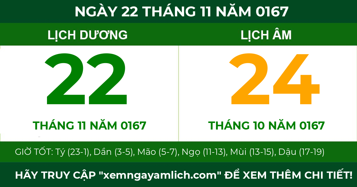 lịch âm ngày 22 tháng 11 năm 0167