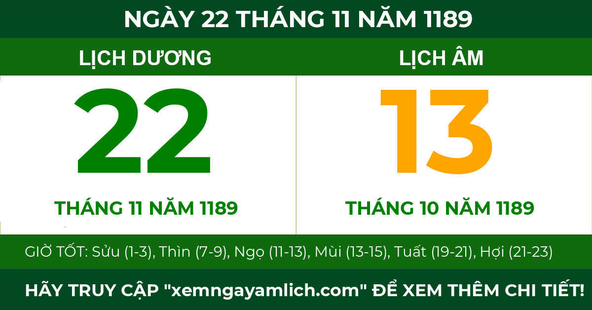 lịch âm ngày 22 tháng 11 năm 1189
