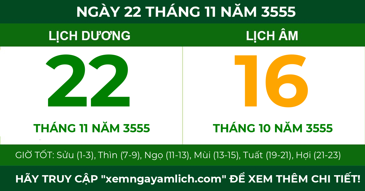 lịch âm ngày 22 tháng 11 năm 3555