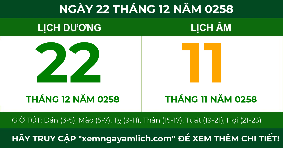 lịch âm ngày 22 tháng 12 năm 0258
