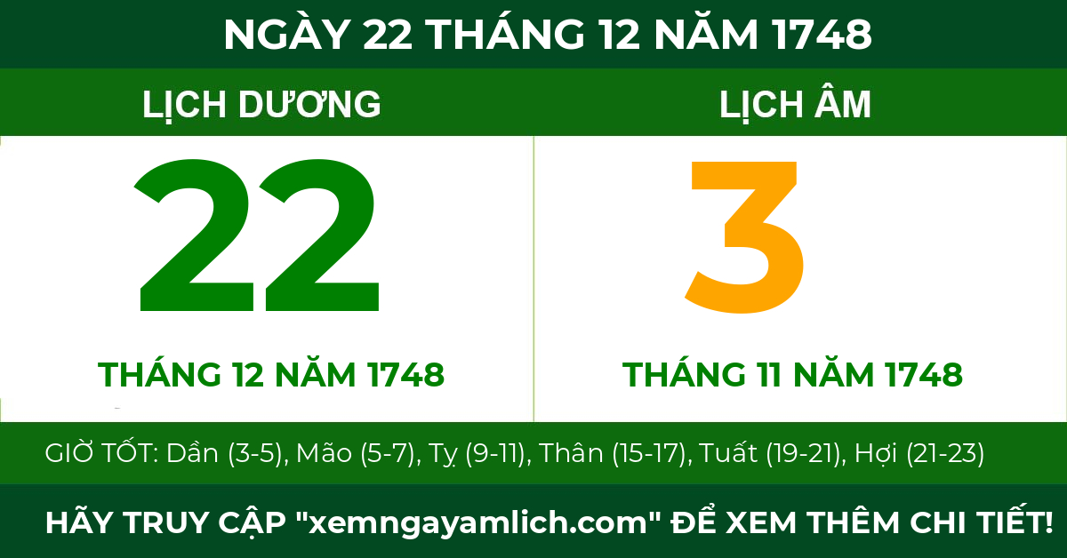 lịch âm ngày 22 tháng 12 năm 1748
