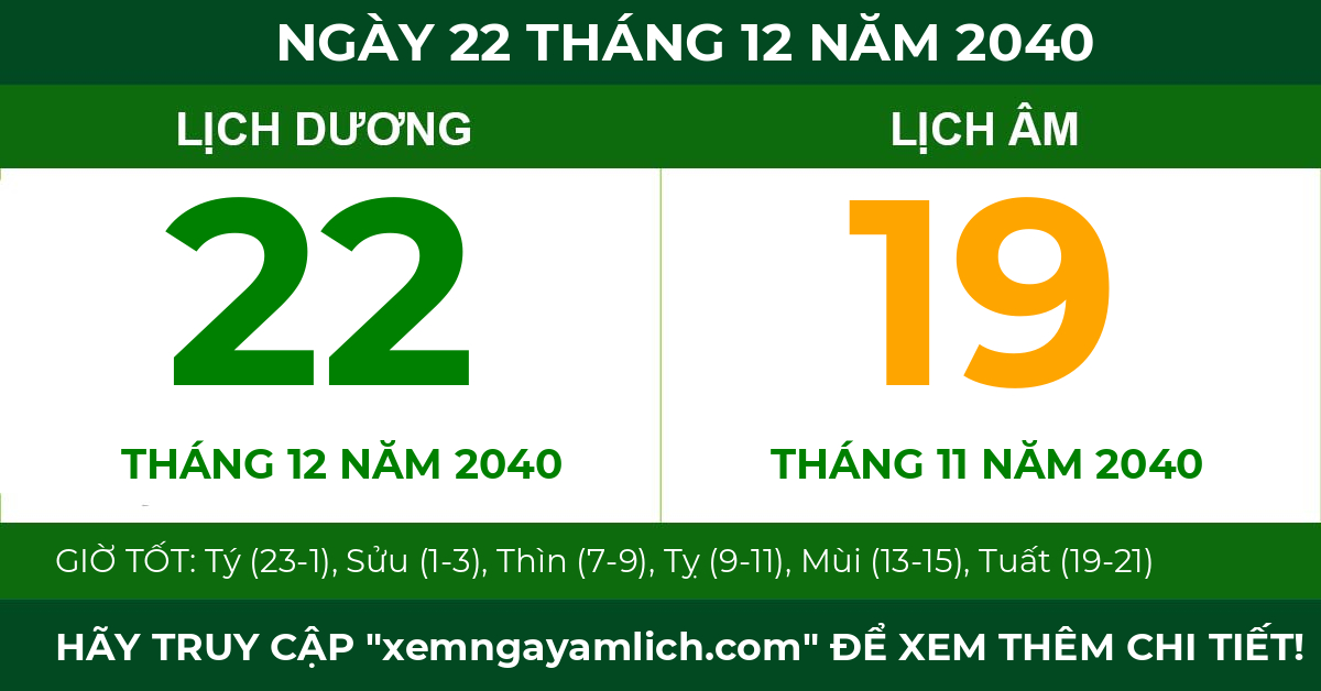 lịch âm ngày 22 tháng 12 năm 2040