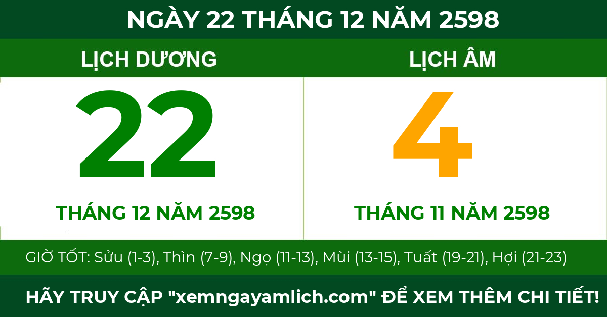lịch âm ngày 22 tháng 12 năm 2598
