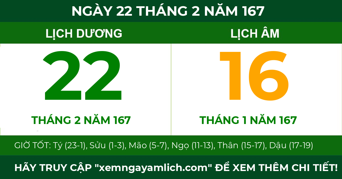 lịch âm ngày 22 tháng 2 năm 167