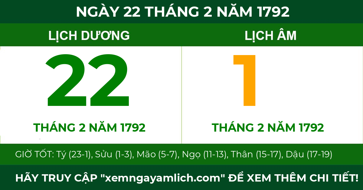 lịch âm ngày 22 tháng 2 năm 1792