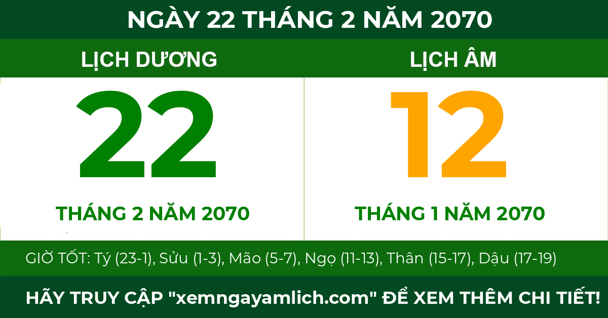 lịch âm ngày 22 tháng 2 năm 2070