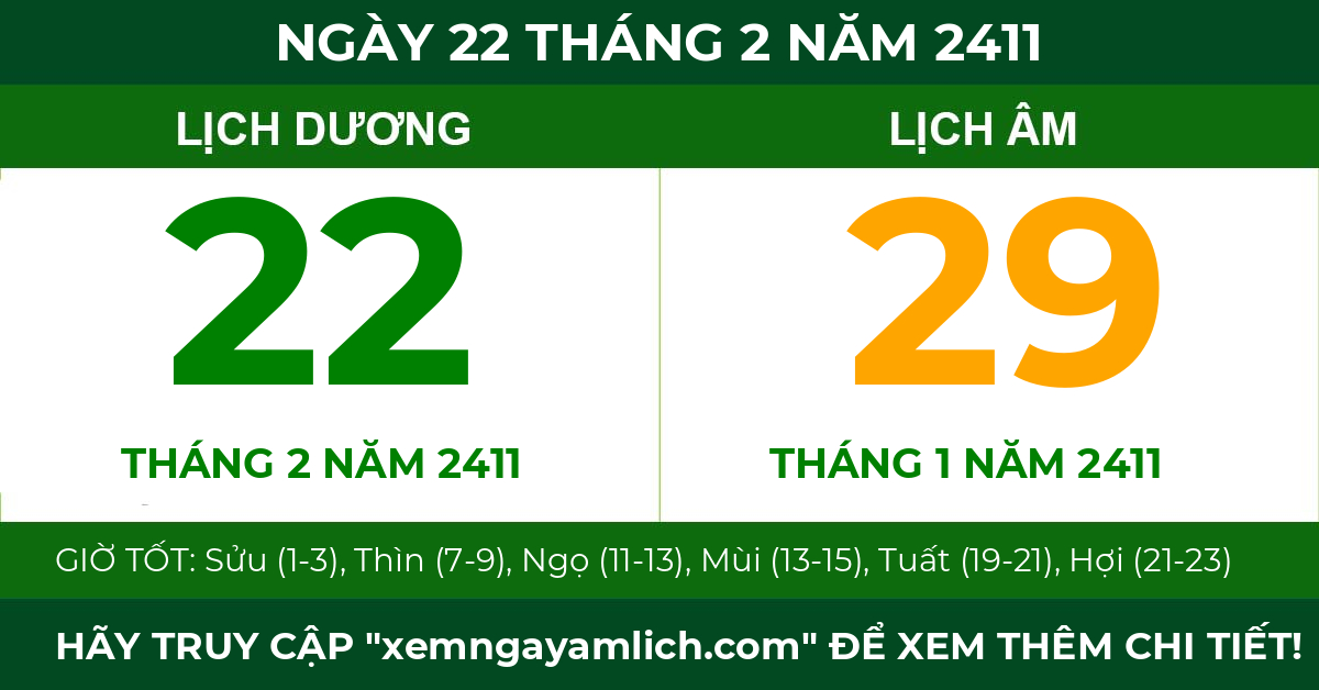 lịch âm ngày 22 tháng 2 năm 2411