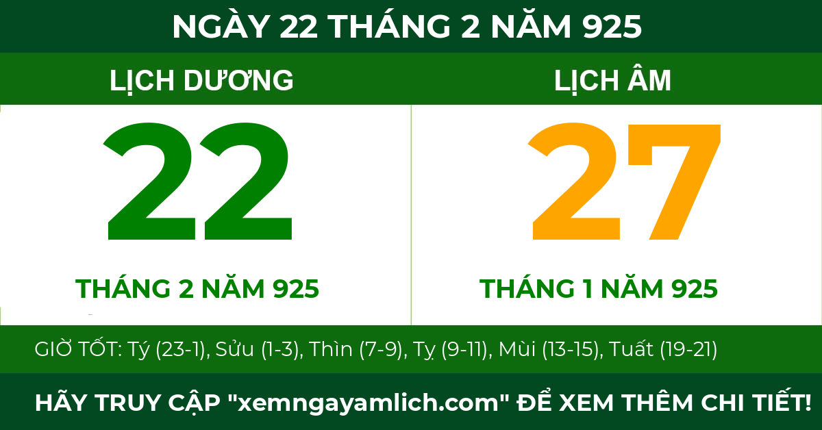 lịch âm ngày 22 tháng 2 năm 925