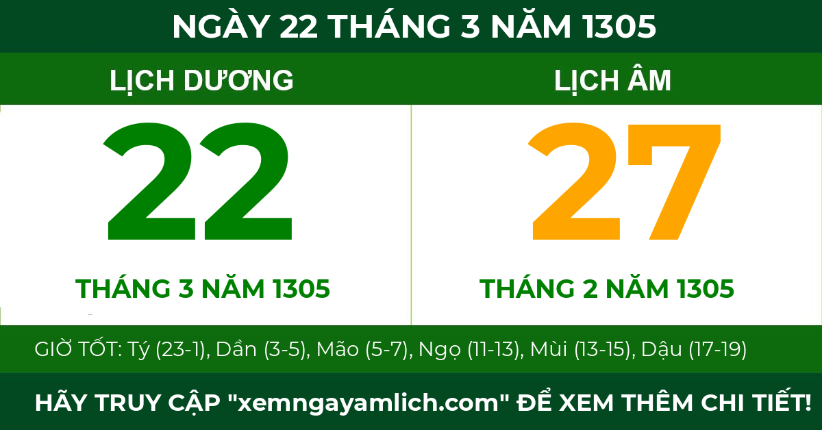 lịch âm ngày 22 tháng 3 năm 1305