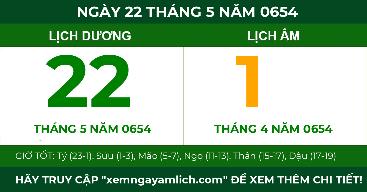 lịch âm ngày 22 tháng 5 năm 0654