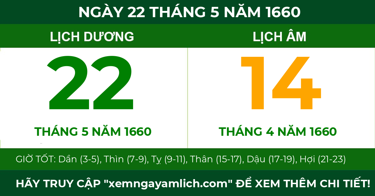 lịch âm ngày 22 tháng 5 năm 1660