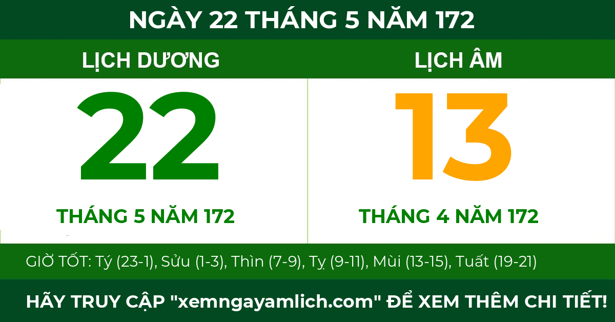 lịch âm ngày 22 tháng 5 năm 172