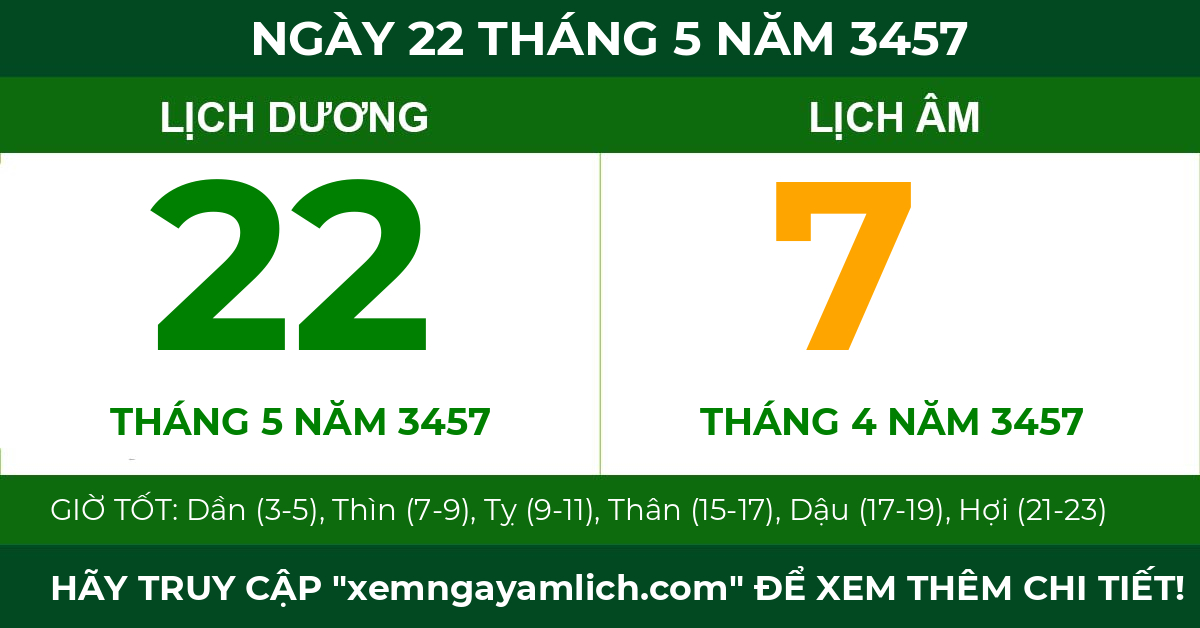 lịch âm ngày 22 tháng 5 năm 3457