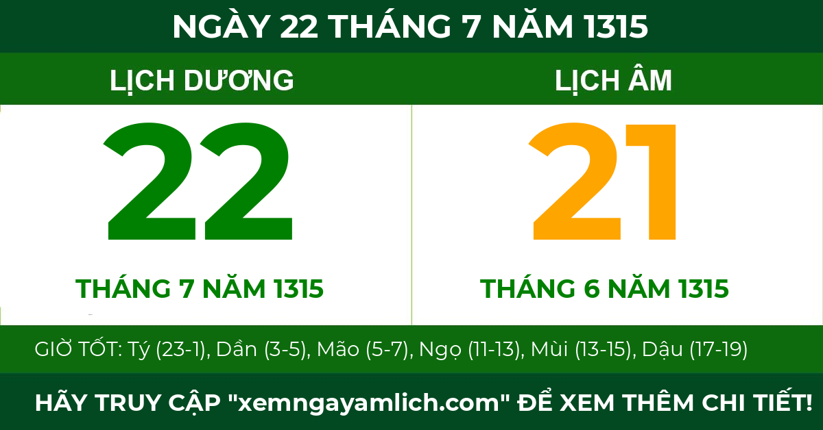 lịch âm ngày 22 tháng 7 năm 1315