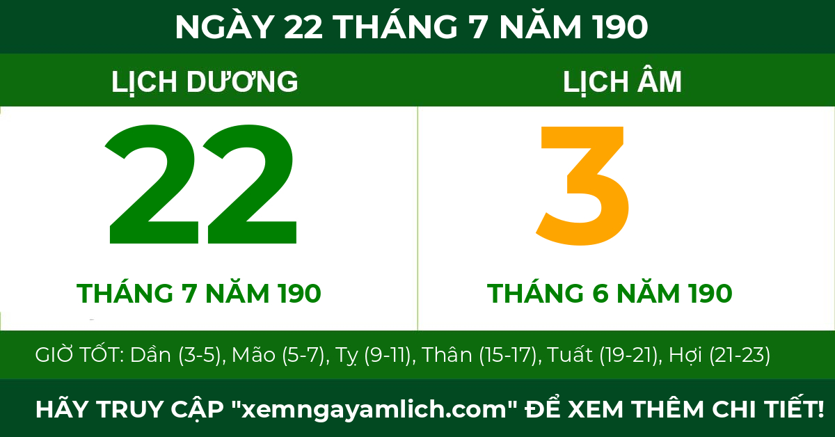 lịch âm ngày 22 tháng 7 năm 190