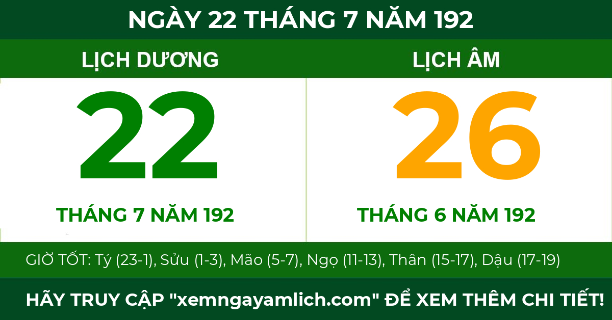 lịch âm ngày 22 tháng 7 năm 192