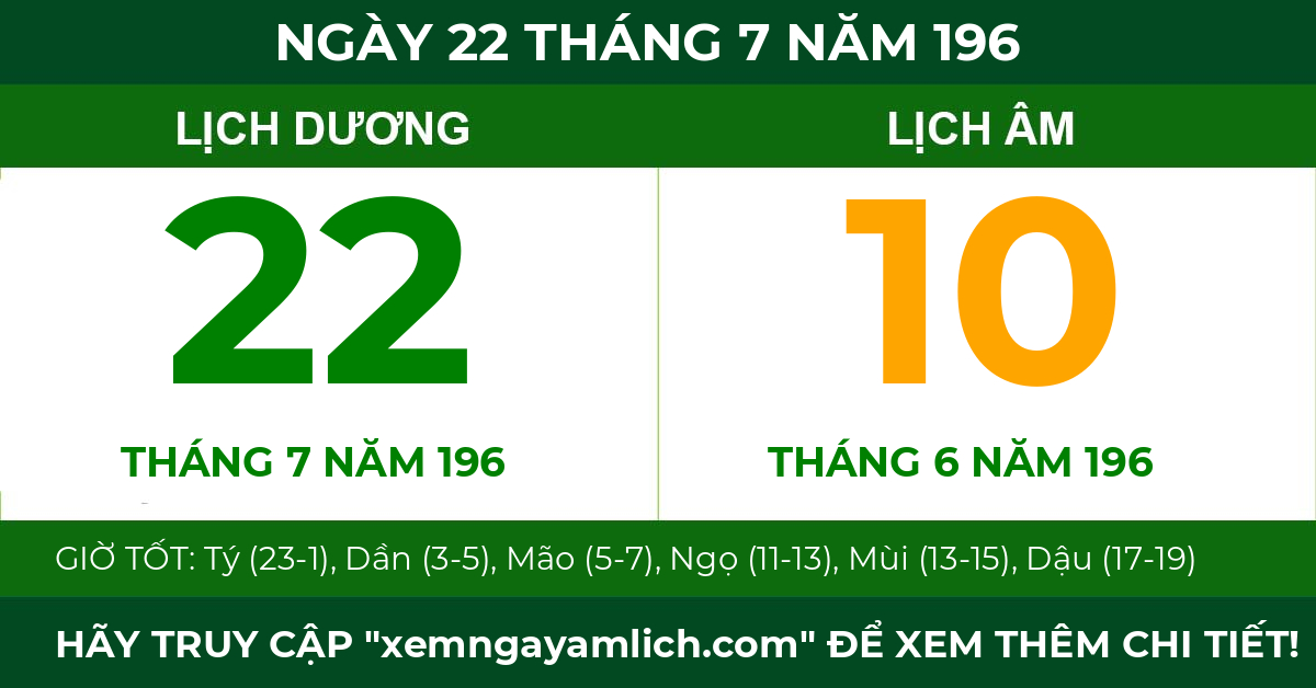 lịch âm ngày 22 tháng 7 năm 196