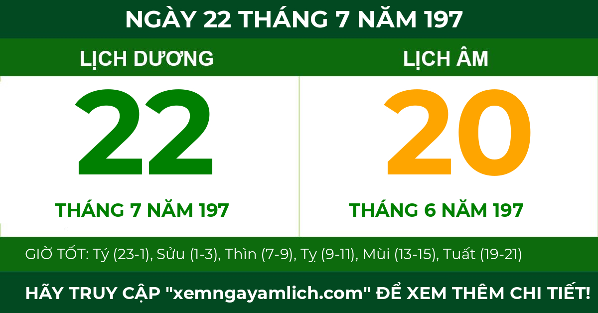 lịch âm ngày 22 tháng 7 năm 197