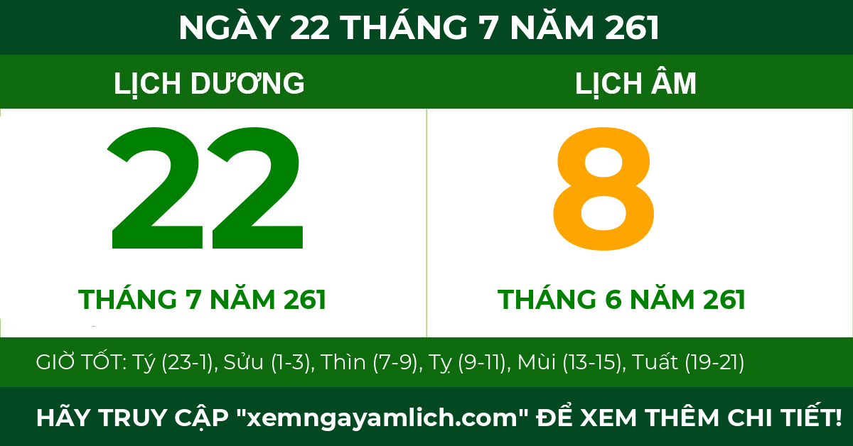 lịch âm ngày 22 tháng 7 năm 261