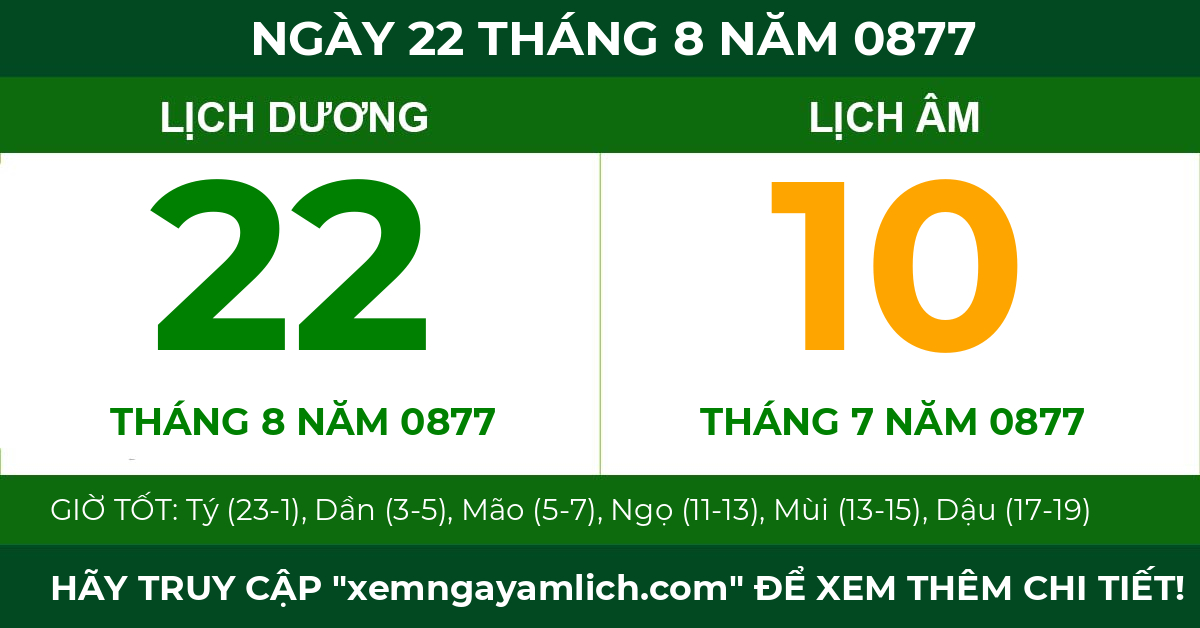 lịch âm ngày 22 tháng 8 năm 0877
