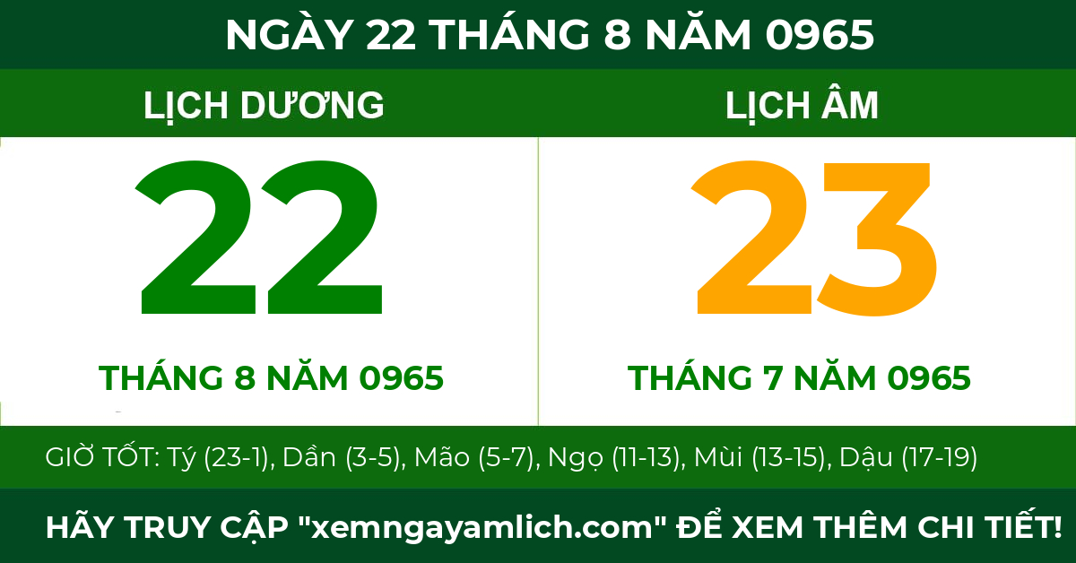 lịch âm ngày 22 tháng 8 năm 0965