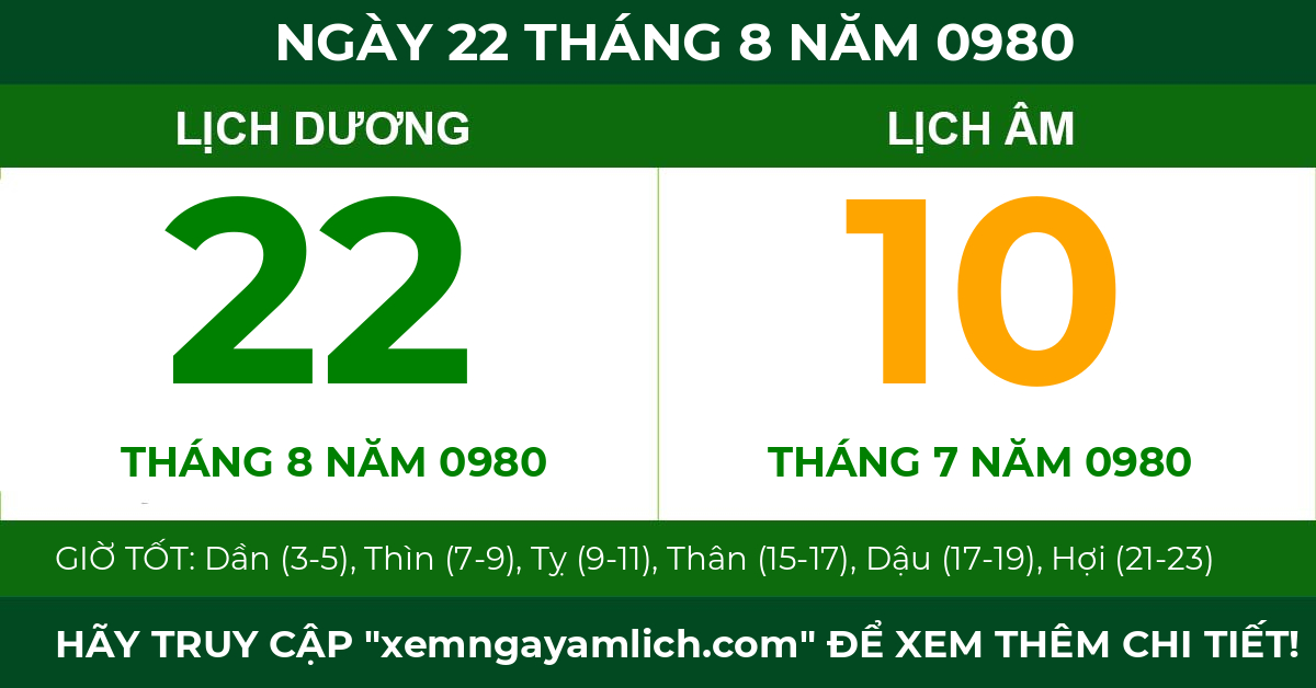 lịch âm ngày 22 tháng 8 năm 0980