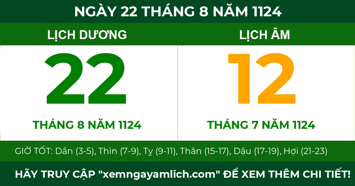 lịch âm ngày 22 tháng 8 năm 1124