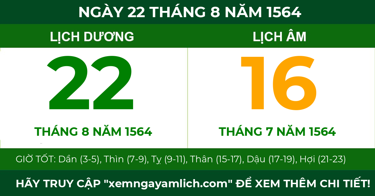 lịch âm ngày 22 tháng 8 năm 1564