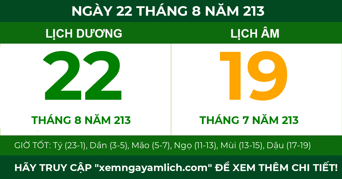 lịch âm ngày 22 tháng 8 năm 213