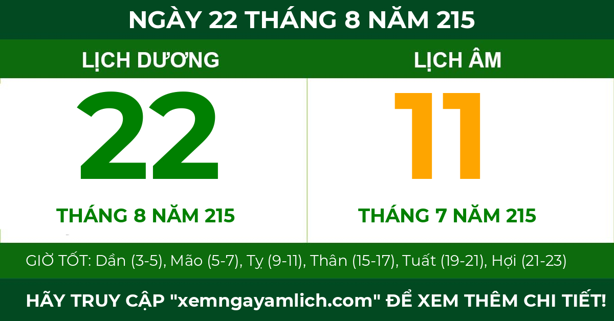lịch âm ngày 22 tháng 8 năm 215