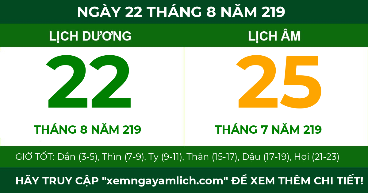 lịch âm ngày 22 tháng 8 năm 219